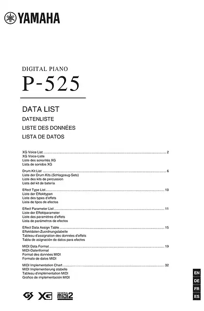 yamaha雅马哈P-525 Data List